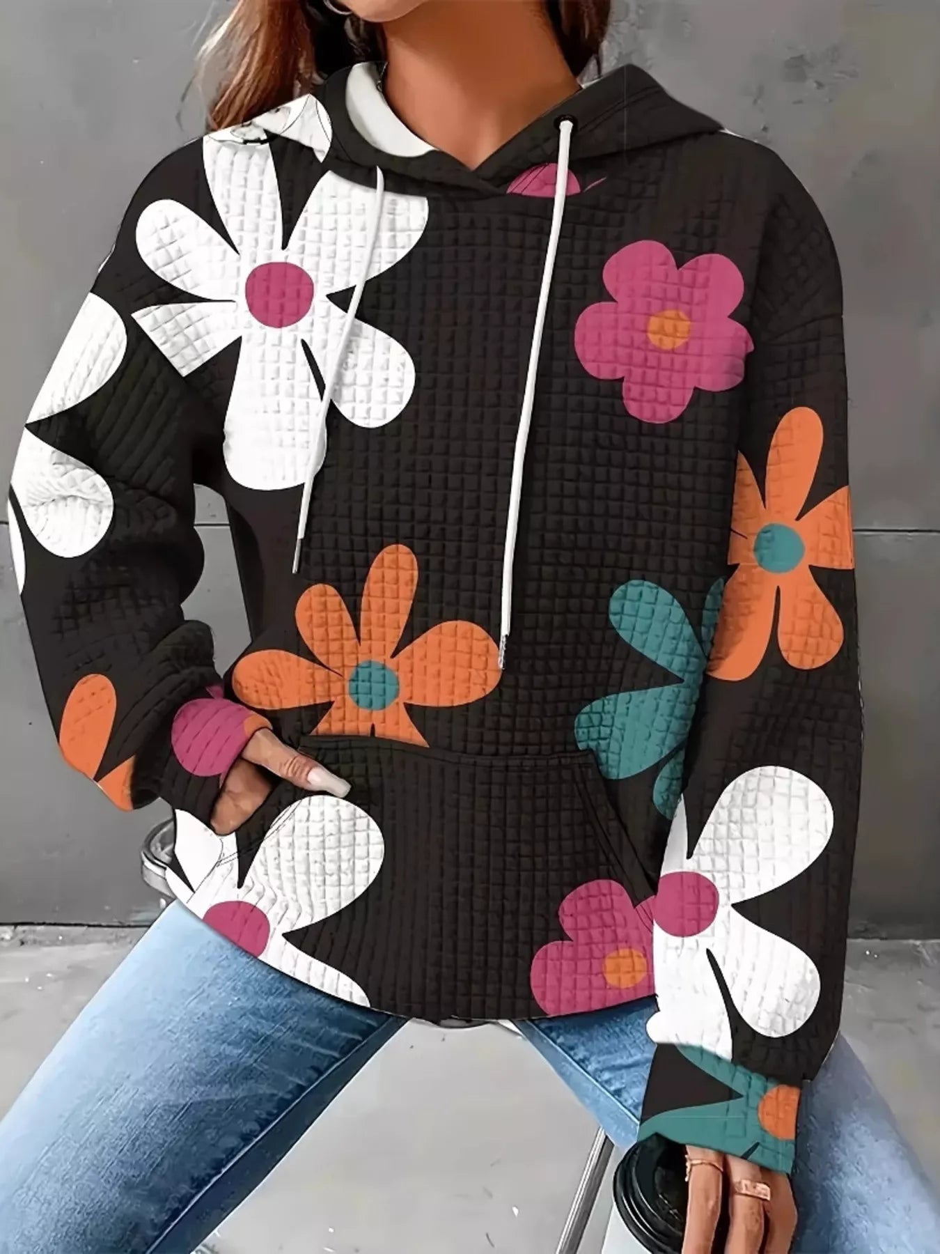 Trendsi black hoodie floral with large colorful flower prints and white drawstrings