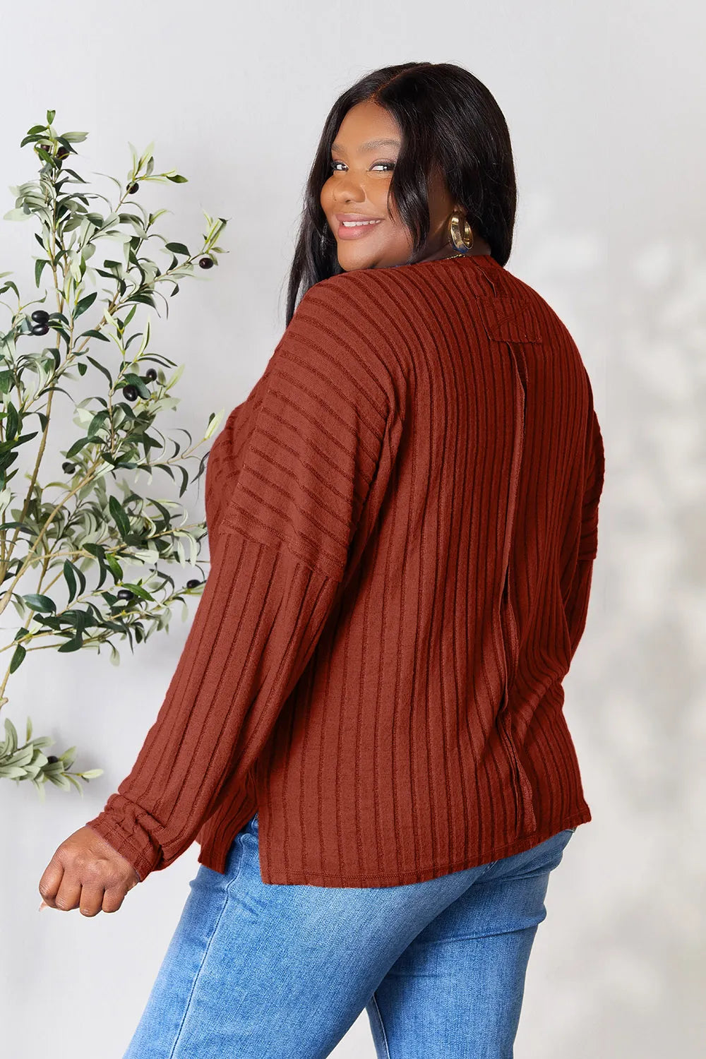 Trendsi brown ribbed knit long sleeve top worn by model with blue jeans
