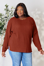 Trendsi plus size rust brown ribbed knit long sleeve sweater with side slits